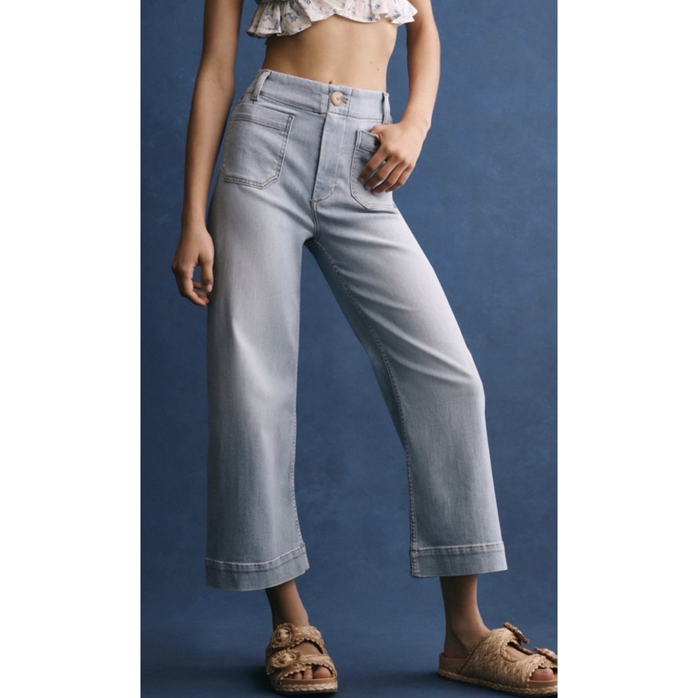 Maeve Anthropologie Colette Crop Wide Leg Jeans Light Wash Blue Patch Pocket 29